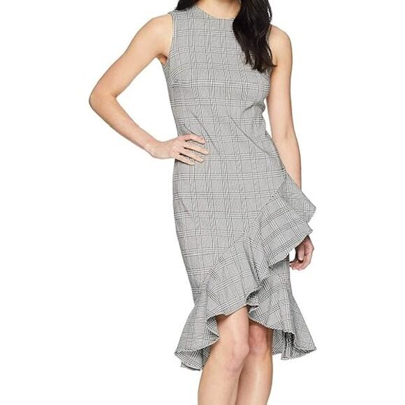 Calvin Klein Plaid Sleeveless Ruffle Belted Dress Size 2 Black White - Picture 9 of 9